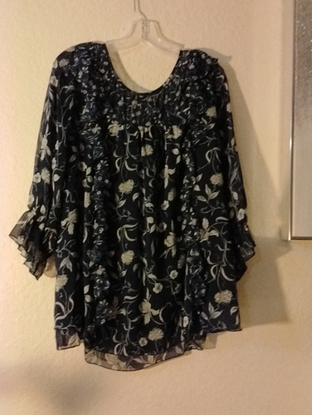 Women’s Black Floral Peasant Tunic with Cream Print